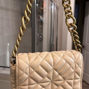 Zara Quilted Beige Shoulder Bag with Gold Chain